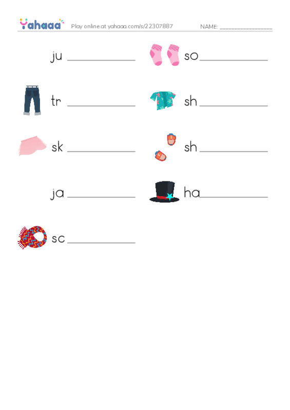 Write the word rows worksheet for jumper, socks, trousers and 6 more