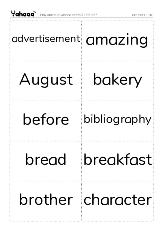 Word flashcards worksheet for 6th SPELLING