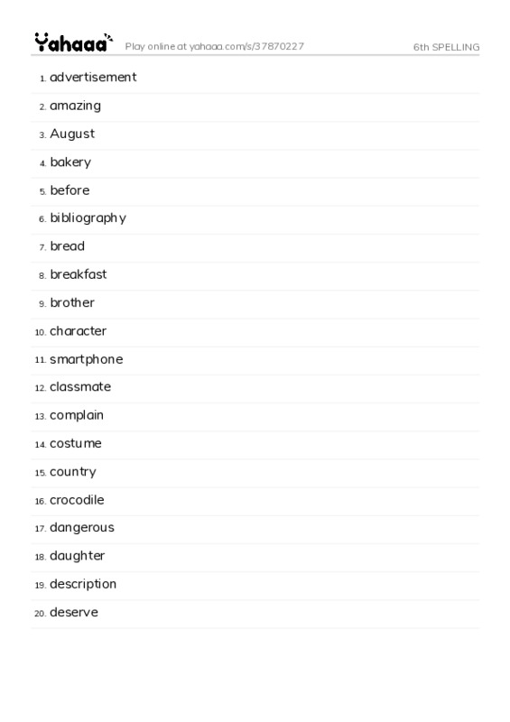 Word list with meanings worksheet for 6th SPELLING