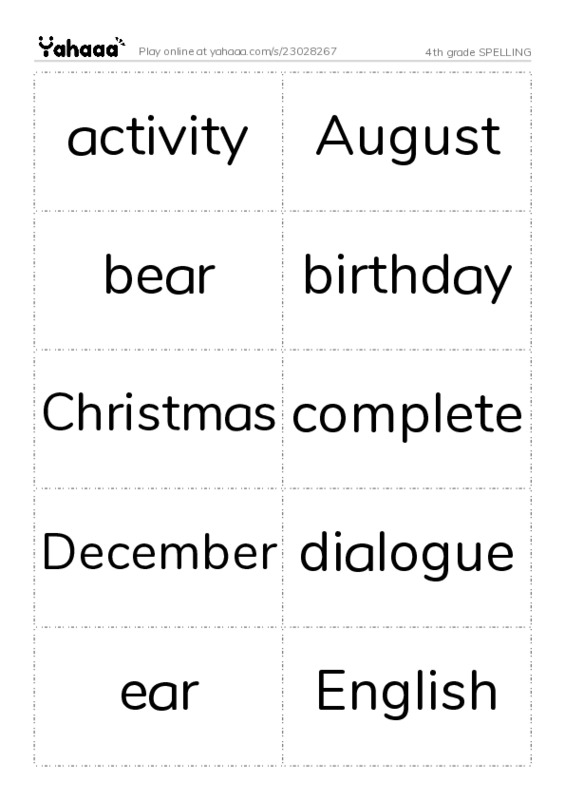 Word flashcards worksheet for 4th grade SPELLING