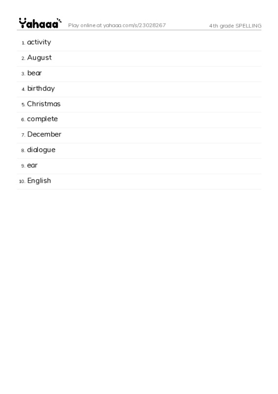 Word list with meanings worksheet for 4th grade SPELLING