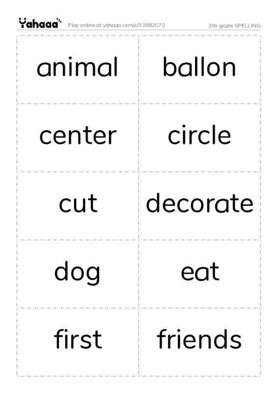 Word flashcards worksheet for 3th grade SPELLING