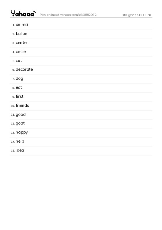 Word list with meanings worksheet for 3th grade SPELLING