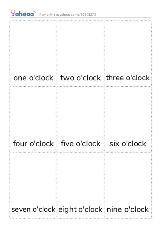 Picture flashcards worksheet for one o'clock, two o'clock, three o'clock and 9 more