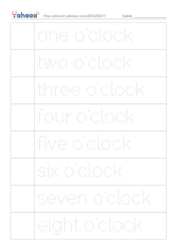 Picture and word rows worksheet for one o'clock, two o'clock, three o'clock and 9 more