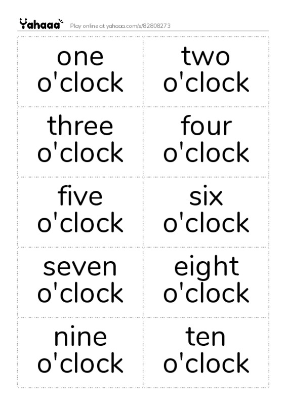 Word flashcards worksheet for one o'clock, two o'clock, three o'clock and 9 more