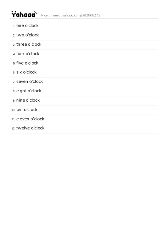 Word list with meanings worksheet for one o'clock, two o'clock, three o'clock and 9 more