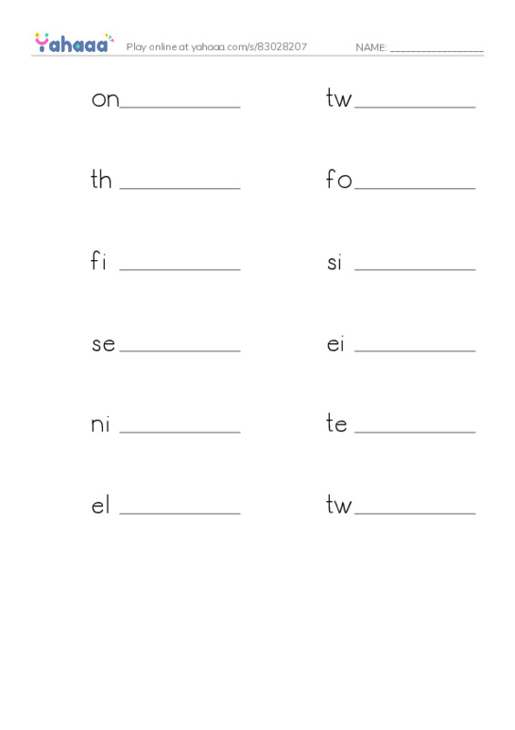 Write the word rows worksheet for one o'clock, two o'clock, three o'clock and 9 more