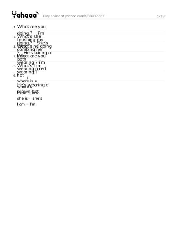 Word list with meanings worksheet for 1-18