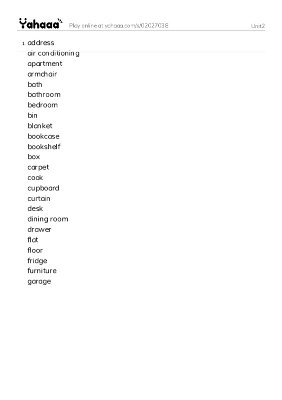 Word list with meanings worksheet for Unit2