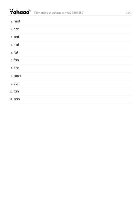 Word list with meanings worksheet for CVC