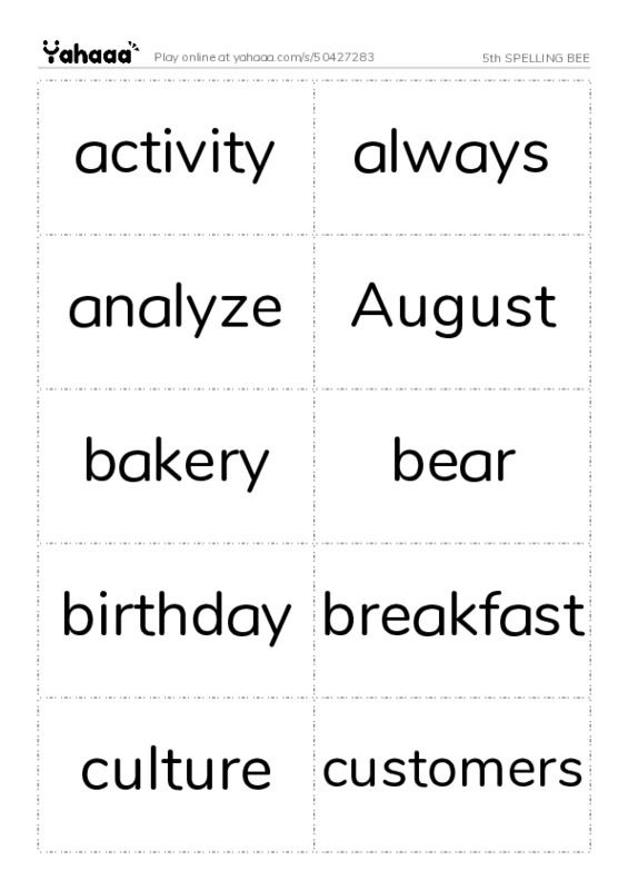 Word flashcards worksheet for 5th SPELLING BEE