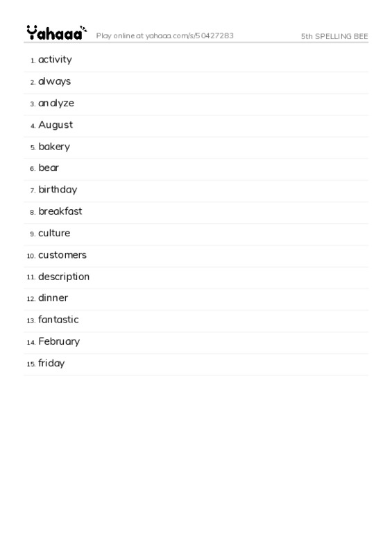 Word list with meanings worksheet for 5th SPELLING BEE