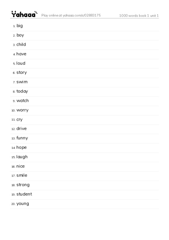 Word list with meanings worksheet for 1000 words book 1 unit 1
