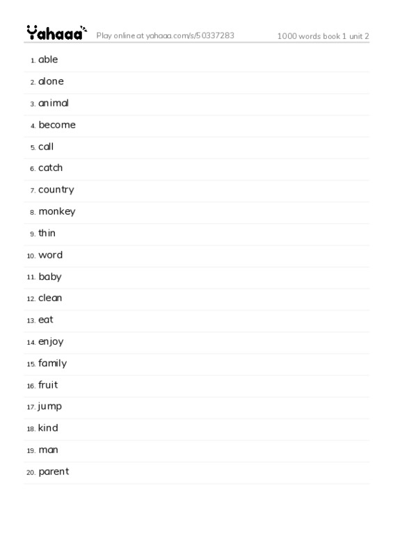 Word list with meanings worksheet for 1000 words book 1 unit 2