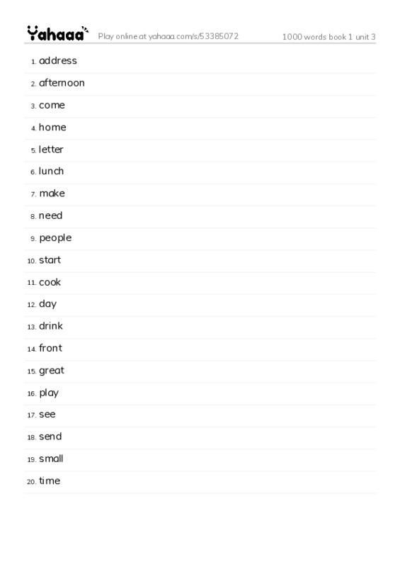Word list with meanings worksheet for 1000 words book 1 unit 3