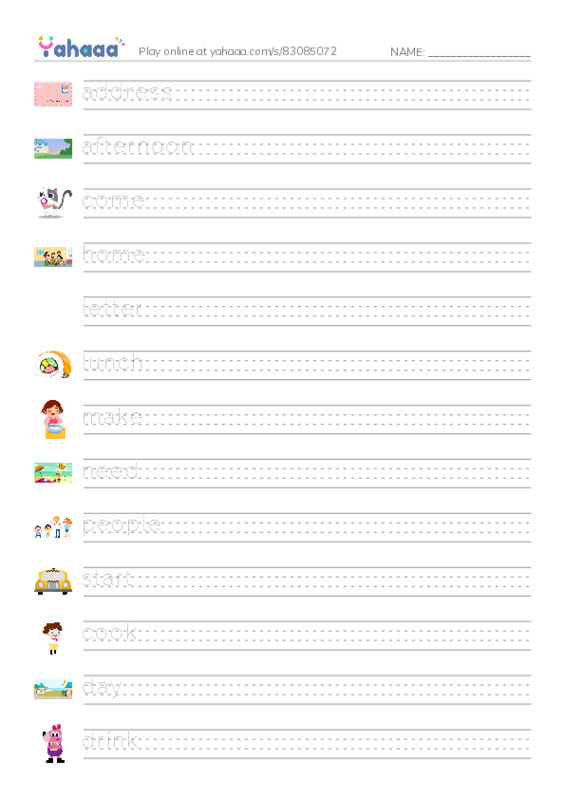 Handwriting lines worksheet for 1000 words book 1 unit 3