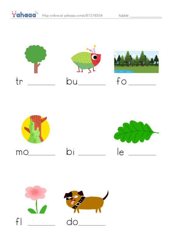 Finish the word worksheet for the new forest path