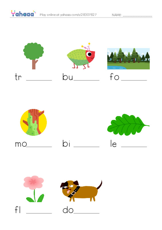 Finish the word worksheet for the new forest path