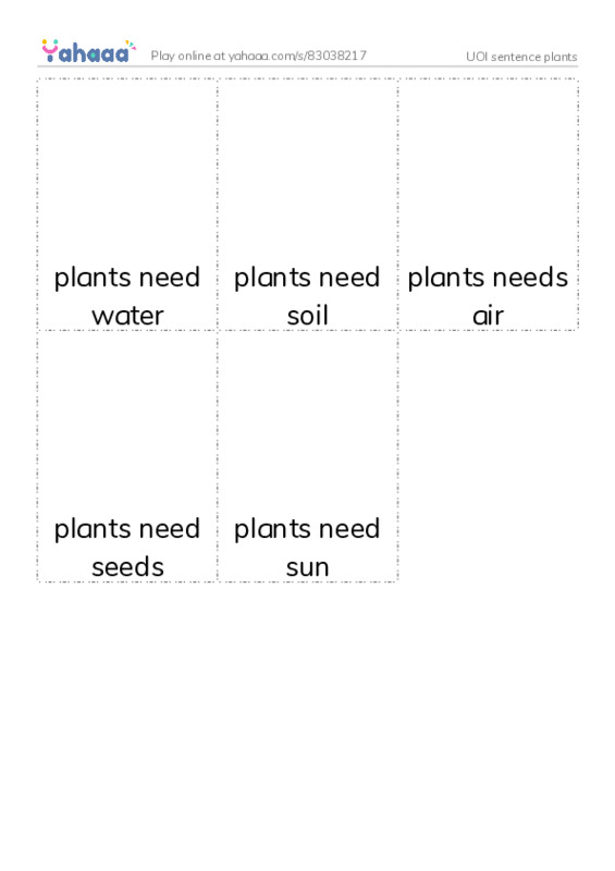 Picture flashcards worksheet for UOI sentence plants