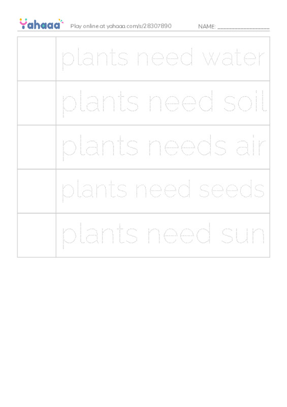 Picture and word rows worksheet for UOI sentence plants