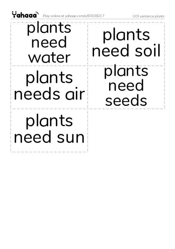 Word flashcards worksheet for UOI sentence plants