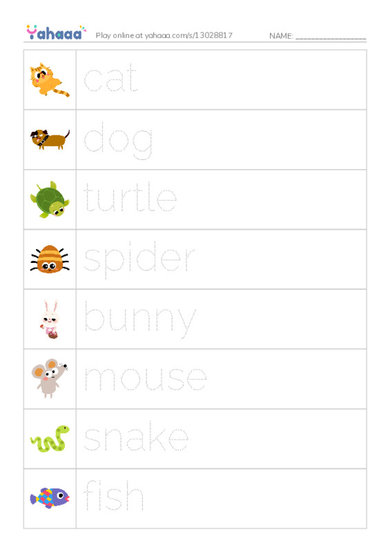 Picture and word rows worksheet for Pets