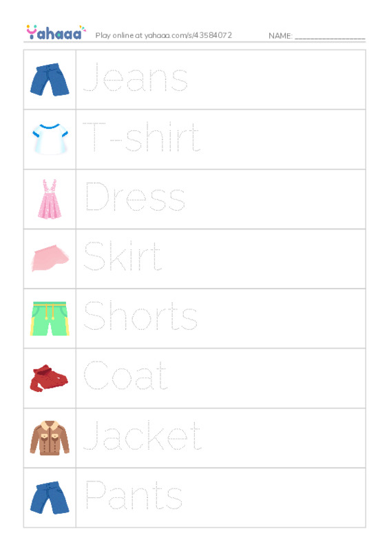 Picture and word rows worksheet for Clothes