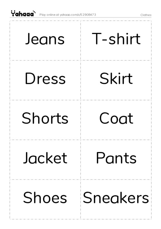 Word flashcards worksheet for Clothes