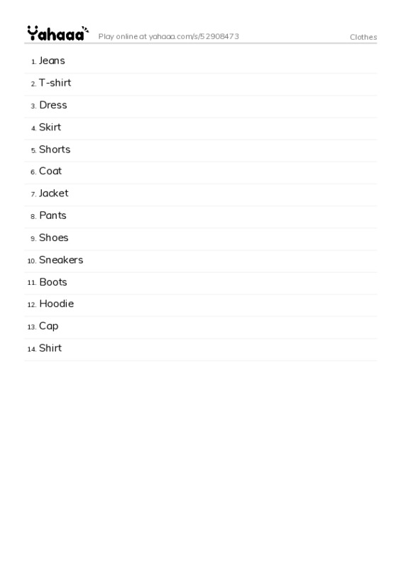 Word list with meanings worksheet for Clothes