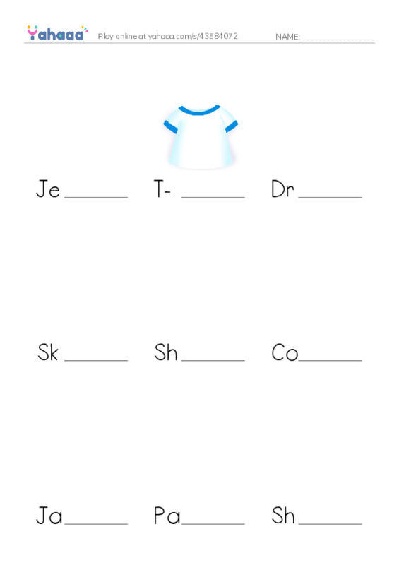 Finish the word worksheet for Clothes