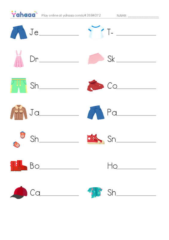 Write the word rows worksheet for Clothes