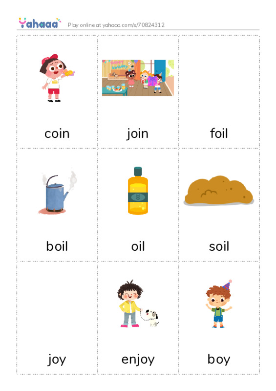 Picture flashcards worksheet for coin, join, foil and 7 more