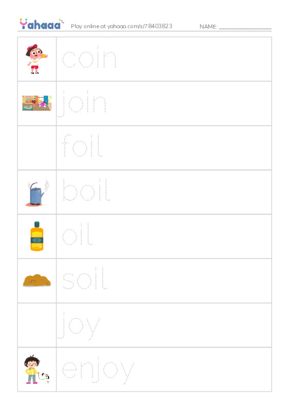 Picture and word rows worksheet for coin, join, foil and 7 more