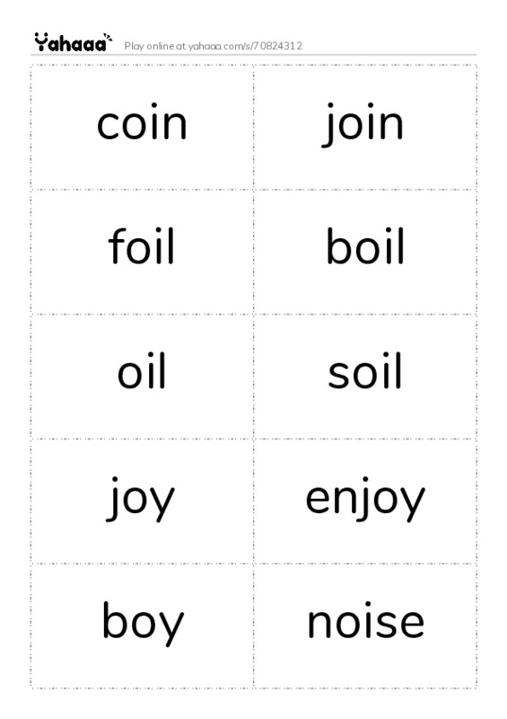 Word flashcards worksheet for coin, join, foil and 7 more