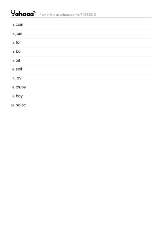 Word list with meanings worksheet for coin, join, foil and 7 more
