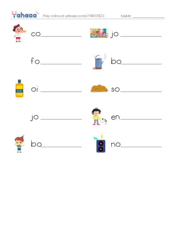 Write the word rows worksheet for coin, join, foil and 7 more