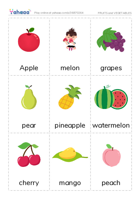 Picture flashcards worksheet for FRUITS and VEGETABLES