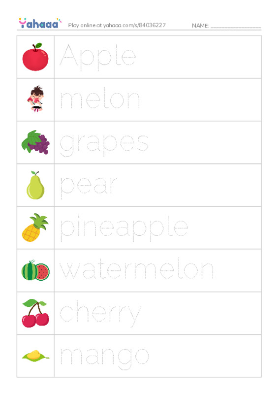 Picture and word rows worksheet for FRUITS and VEGETABLES