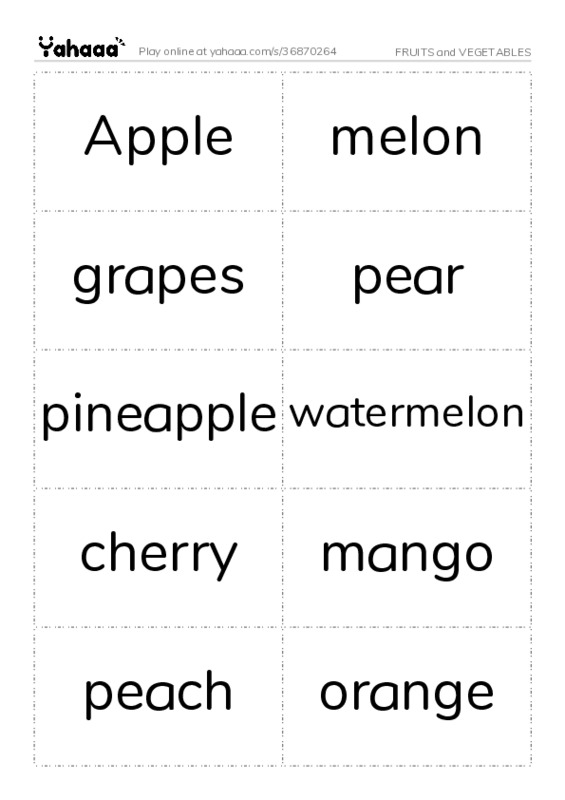 Word flashcards worksheet for FRUITS and VEGETABLES