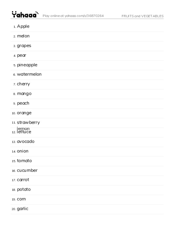 Word list with meanings worksheet for FRUITS and VEGETABLES