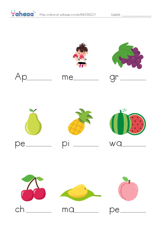 Finish the word worksheet for FRUITS and VEGETABLES