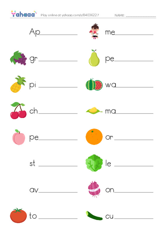 Write the word rows worksheet for FRUITS and VEGETABLES