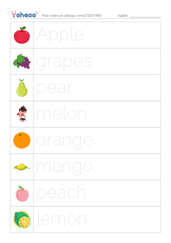 Picture and word rows worksheet for 3ro Fruits and Vegetables