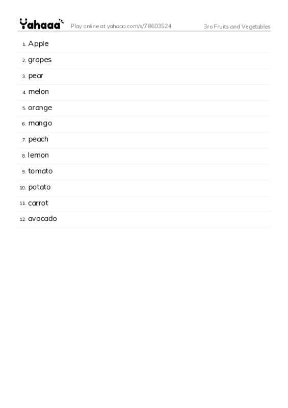 Word list with meanings worksheet for 3ro Fruits and Vegetables