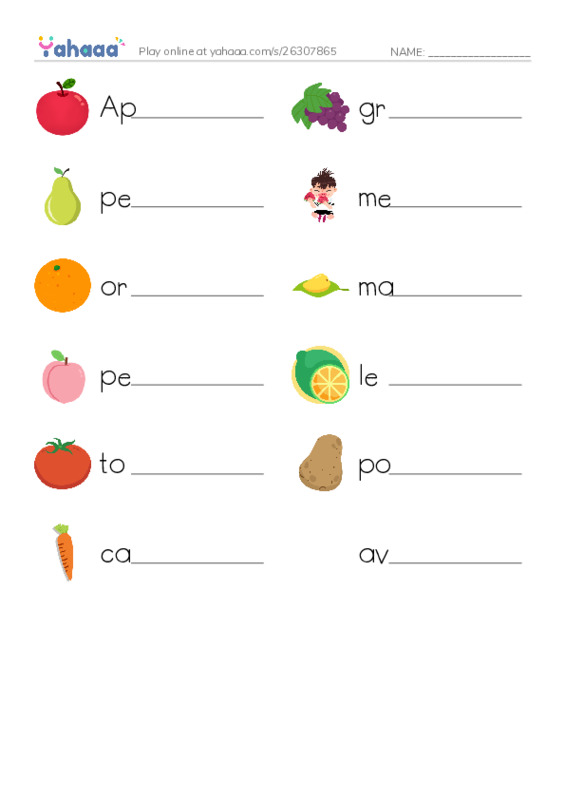 Write the word rows worksheet for 3ro Fruits and Vegetables