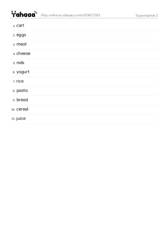 Word list with meanings worksheet for Supermarket 2