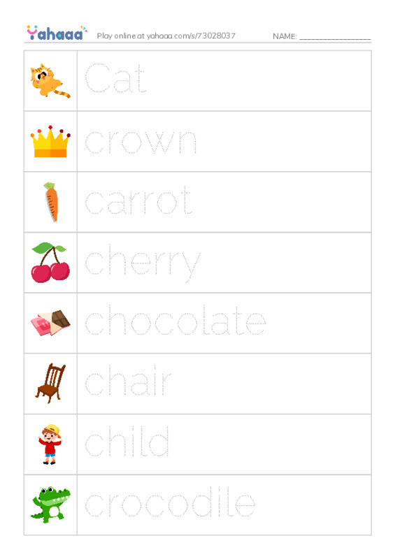 Picture and word rows worksheet for C - ch