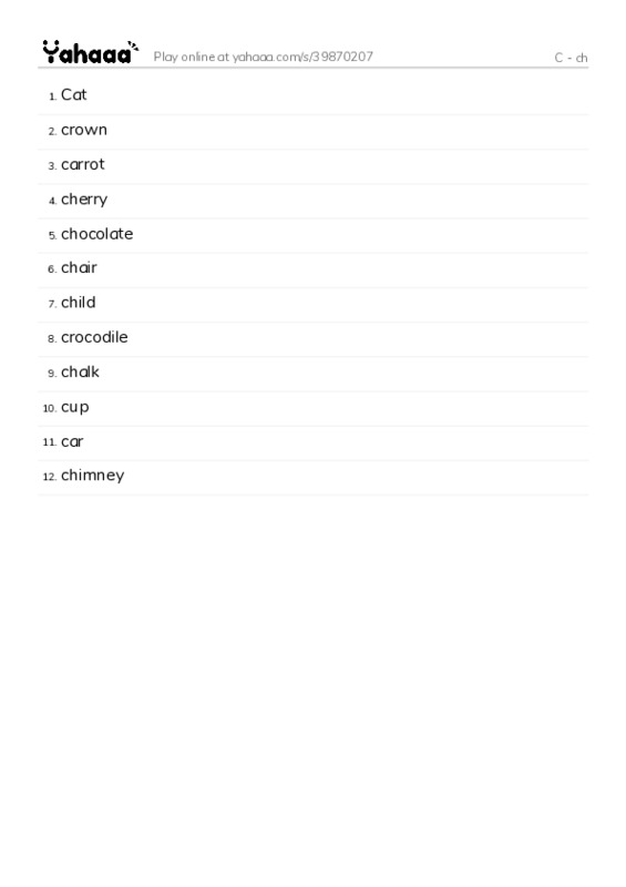 Word list with meanings worksheet for C - ch