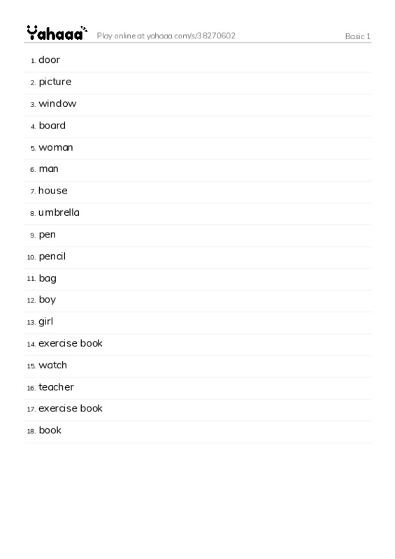 Word list with meanings worksheet for Basic 1